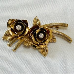VINTAGE CORO GOLD TONE RHINESTONE ROSE BRANCH PIN BROOCH